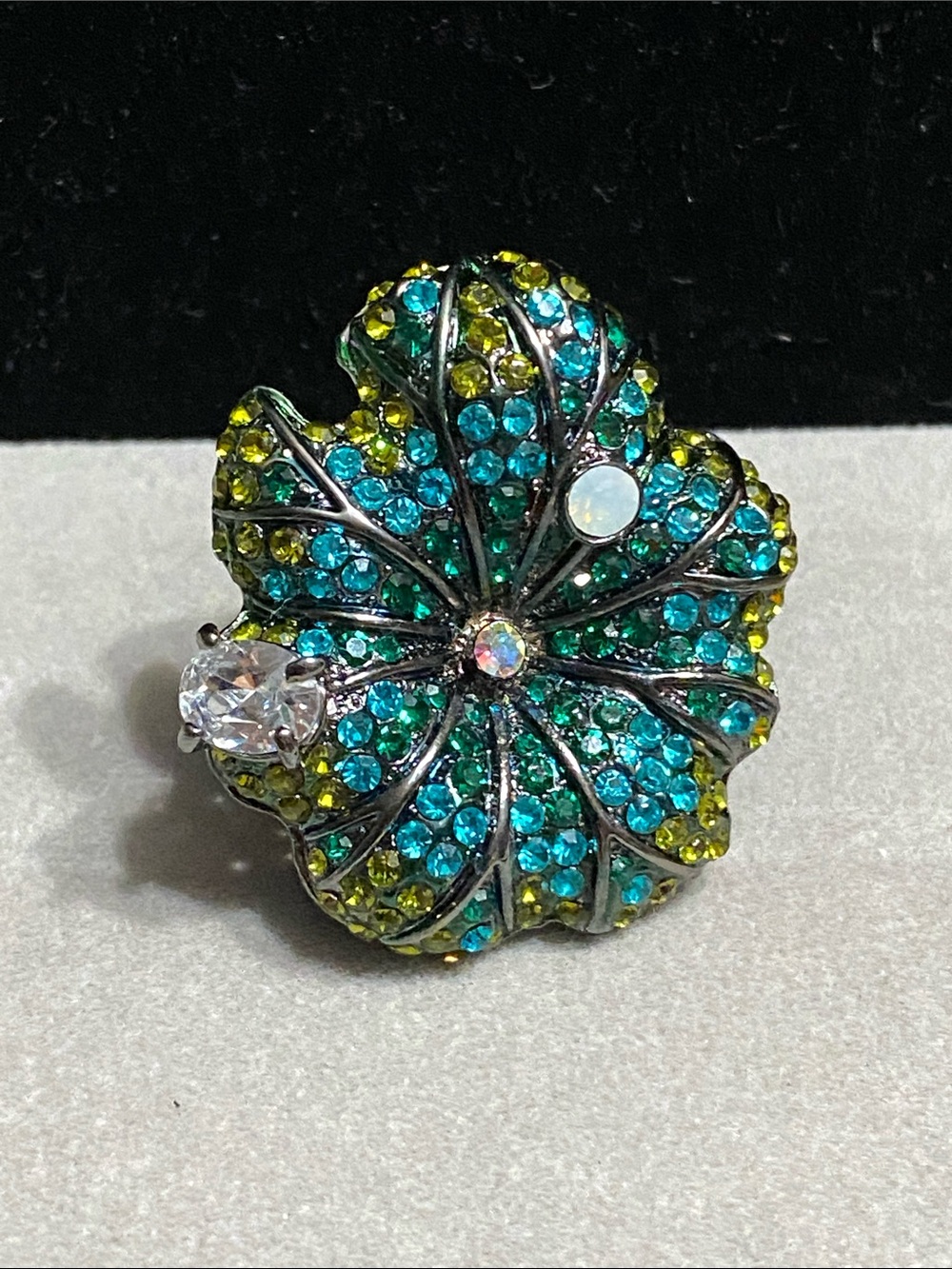 Crystal-Encrusted Floral Statement Ring in Teal and Yellow